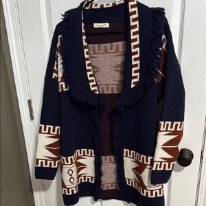 Cocogio Women's Navy and Brown Fringed Sweater sz s